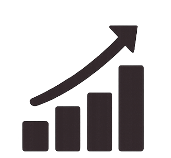 Black bar chart with an upward arrow on a white background