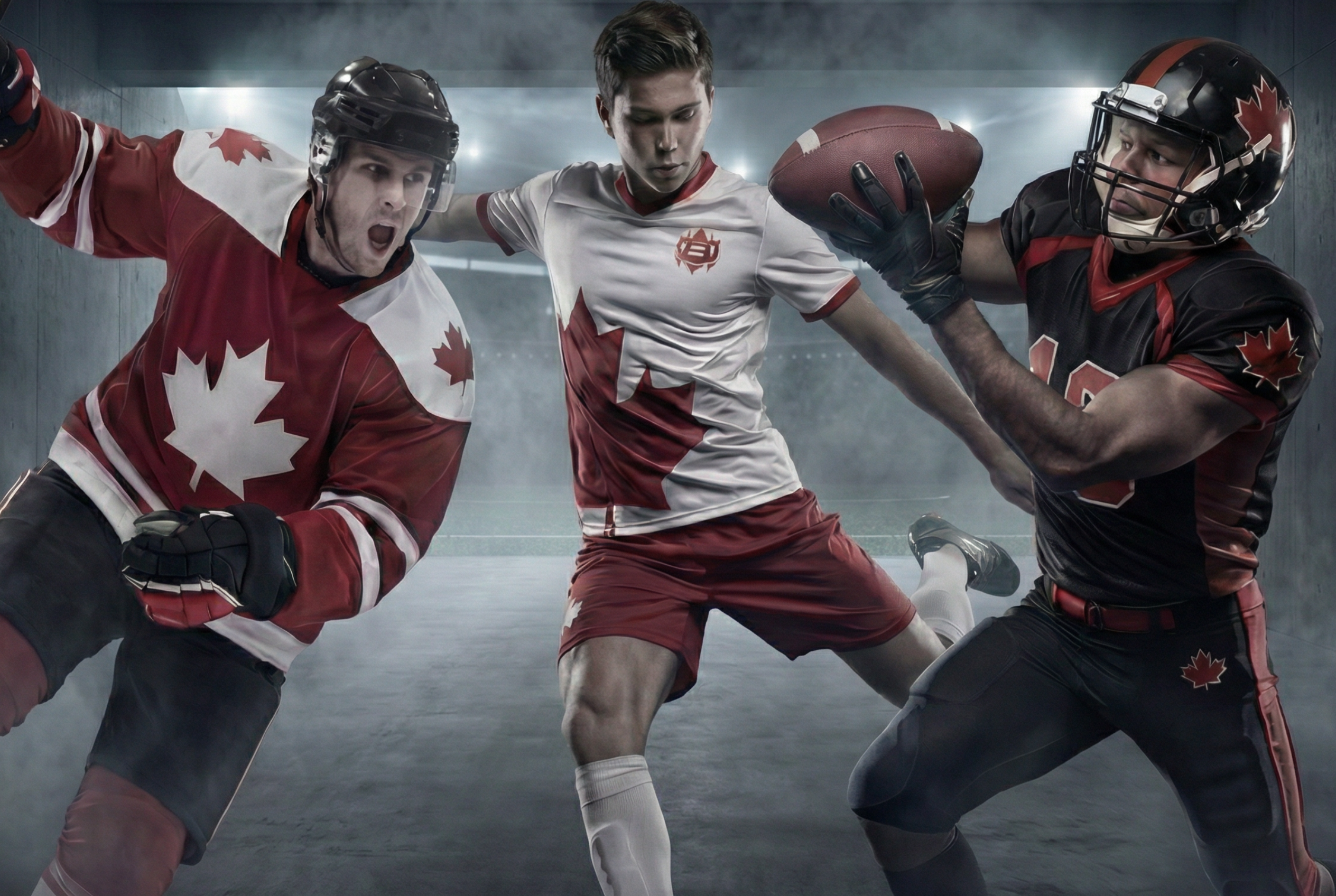 Three athletes in sports uniforms, one hockey, one soccer, and one football, with a dark background.