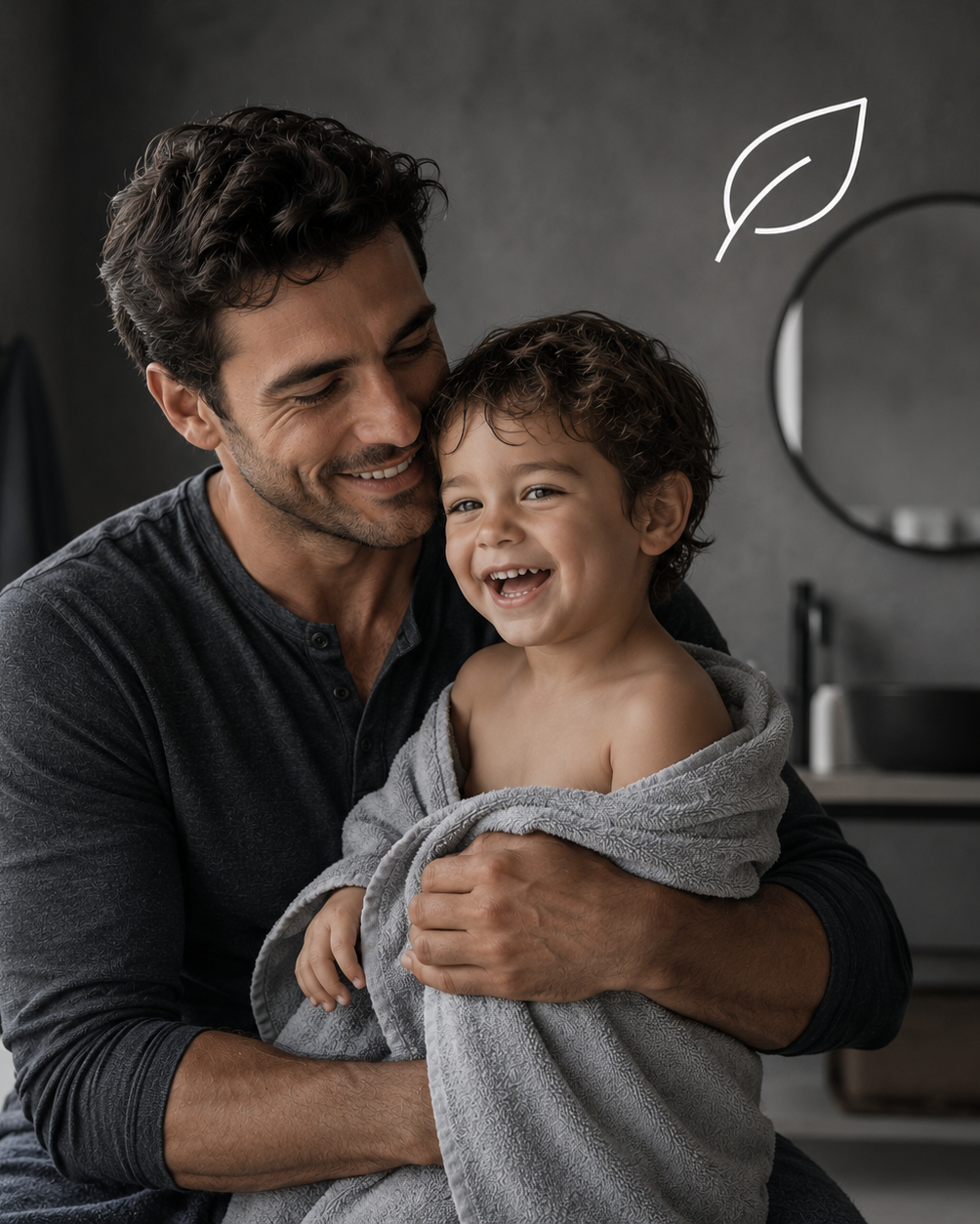 Man holding a child wrapped in a towel in a bathroom setting