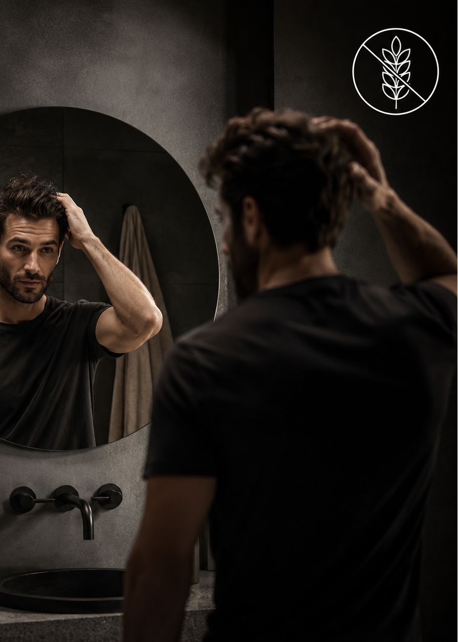 Man adjusting his hair in front of a round mirror in a dimly lit bathroom.