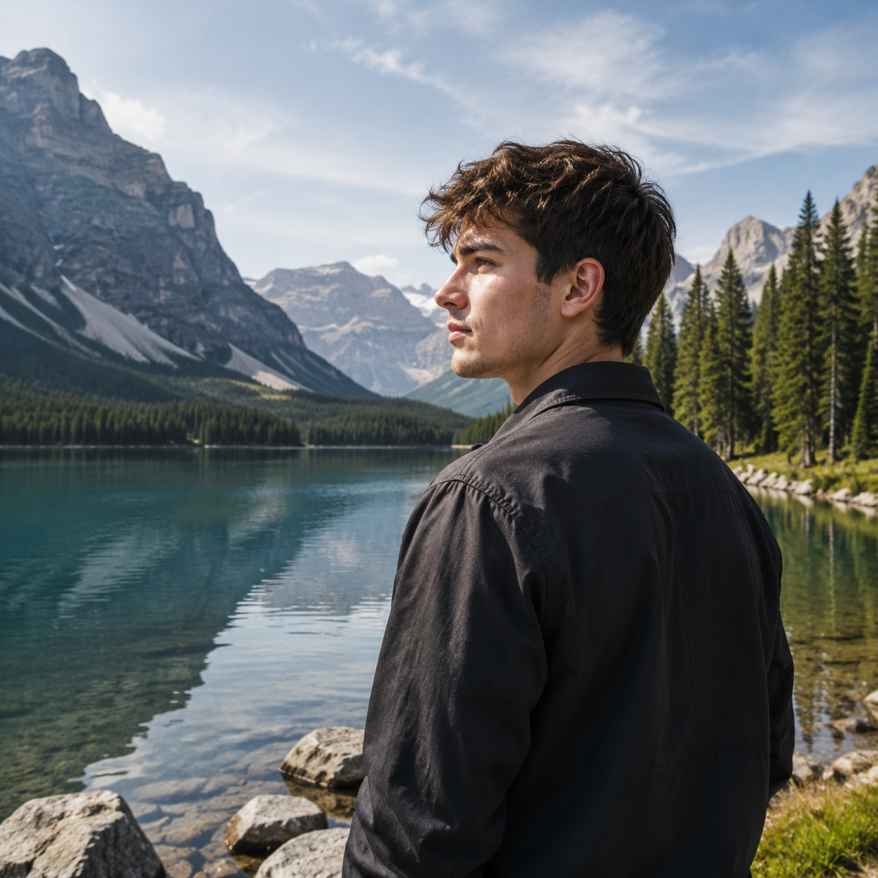 A man in a black button-up shirt stands on a rocky lakeshore with mountains and pine trees in the background, looking off into the distance.