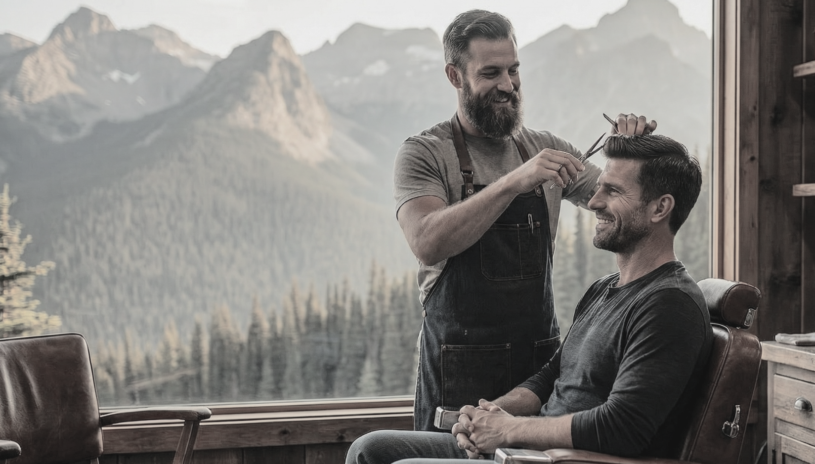 Man getting a haircut in a rustic barbershop with mountain view