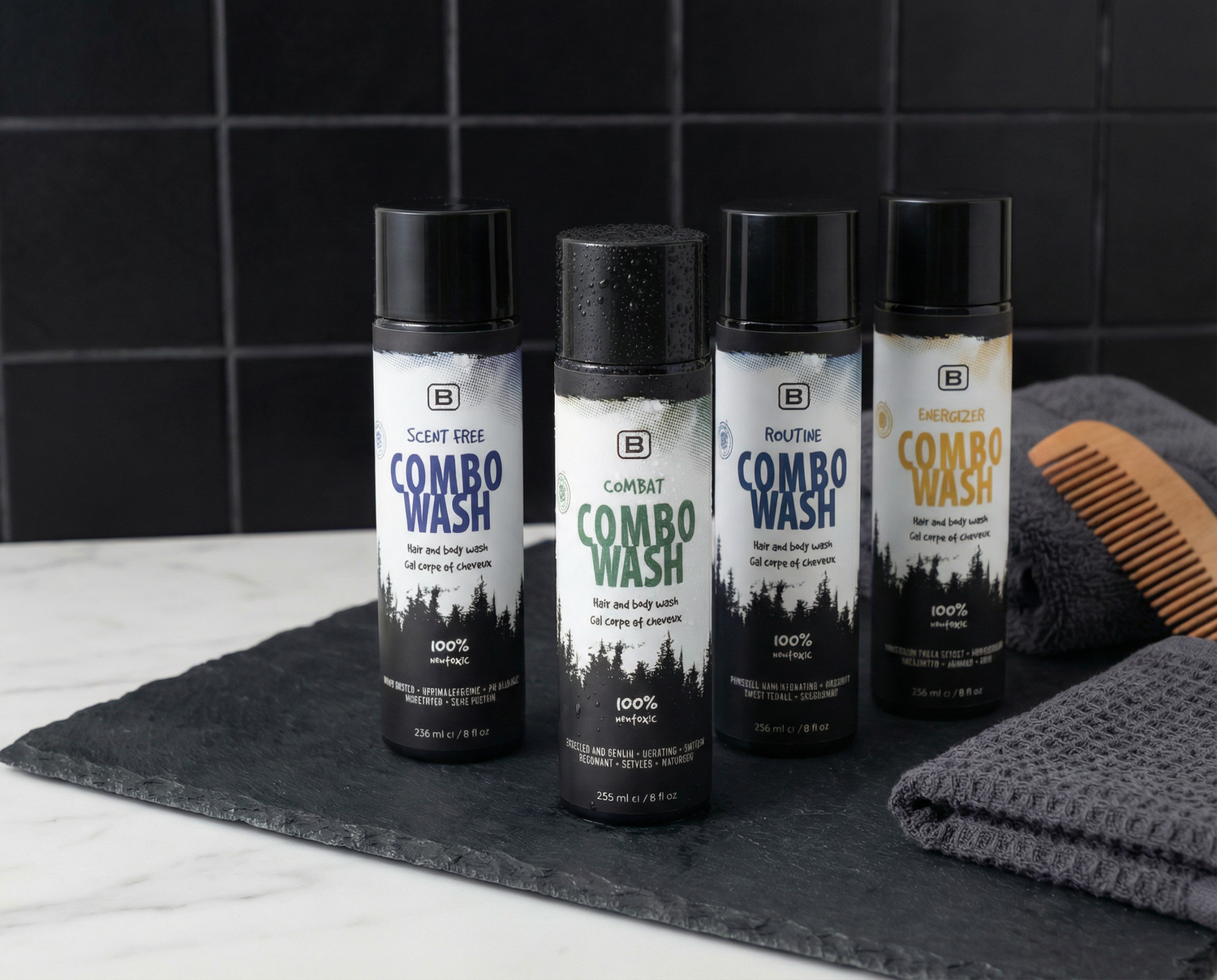 BOYZZ ONLY clean, vegan hair and body care products arranged in a minimalist bathroom setting